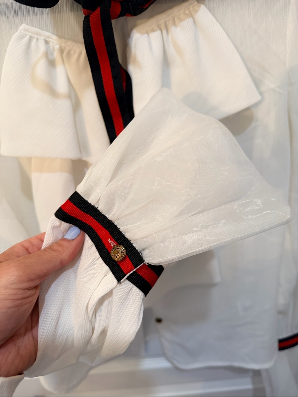 Vintage White Sheet Ruffle Blouse with Navy & Red Ribbon amazing Gold Buttons - Picture 8 of 11